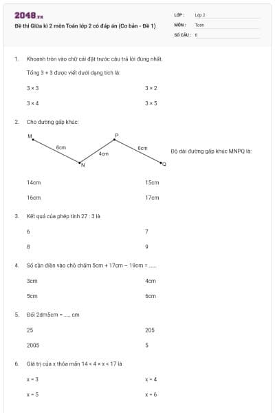 Đề thi Giữa kì 2 môn Toán lớp 2 có đáp án (Cơ bản - Đề 1)