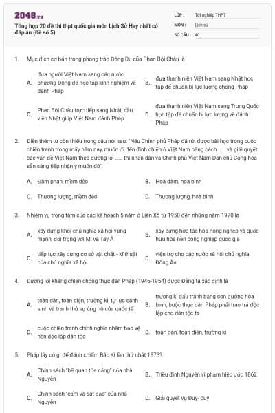 Tổng hợp 20 đề thi thpt quốc gia môn Lịch Sử Hay nhất có đáp án (Đề số 5)