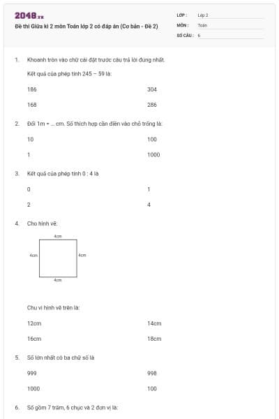 Đề thi Giữa kì 2 môn Toán lớp 2 có đáp án (Cơ bản - Đề 2)