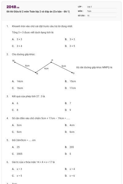Đề thi Giữa kì 2 môn Toán lớp 2 có đáp án (Cơ bản - Đề 1)