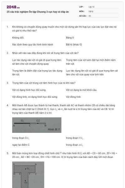 25 câu trắc nghiệm Ôn tập Chương 3 cực hay có đáp án