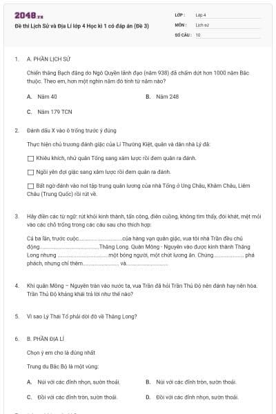 Đề thi Lịch Sử và Địa Lí lớp 4 Học kì 1 có đáp án (Đề 3)