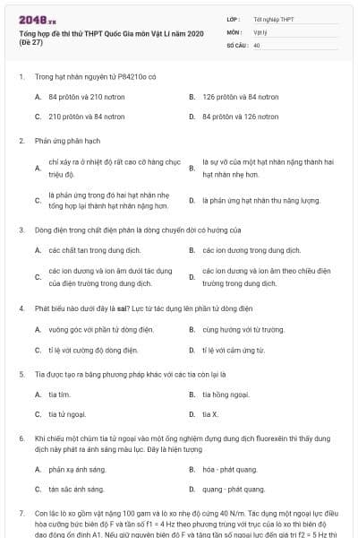 Tổng hợp đề thi thử THPT Quốc Gia môn Vật Lí năm 2020 (Đề 27)