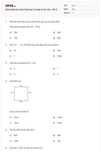 Đề thi Giữa kì 2 môn Toán lớp 2 có đáp án (Cơ bản - Đề 2)