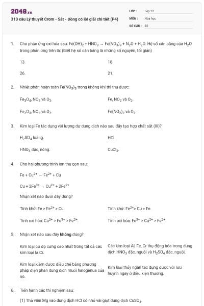 310 câu Lý thuyết Crom - Sắt - Đồng có lời giải chi tiết (P4)