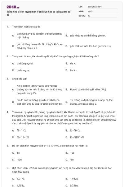Tổng hợp đề ôn luyện môn Vật lí cực hay có lời giải(Đề số 8)
