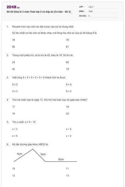 Đề thi Giữa kì 2 môn Toán lớp 2 có đáp án (Cơ bản - Đề 3)