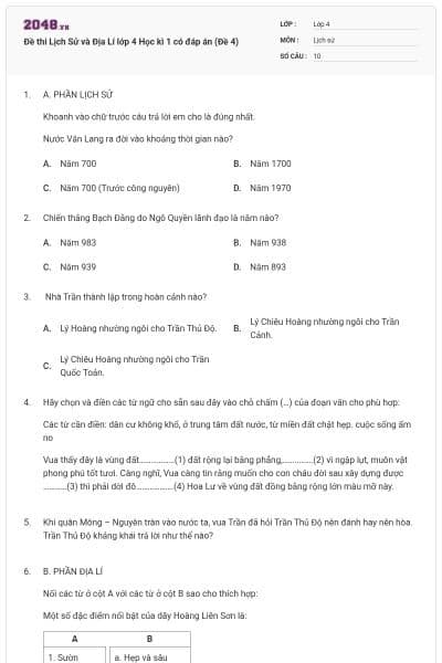 Đề thi Lịch Sử và Địa Lí lớp 4 Học kì 1 có đáp án (Đề 4)
