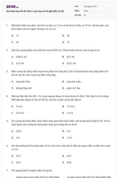 Đề minh họa đề thi Vật Lí cực hay có lời giải (Đề số 26)
