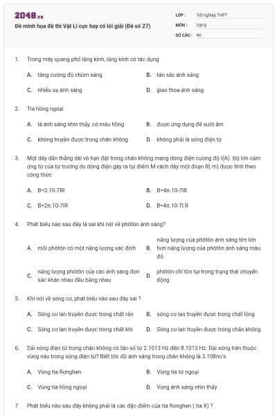 Đề minh họa đề thi Vật Lí cực hay có lời giải (Đề số 27)