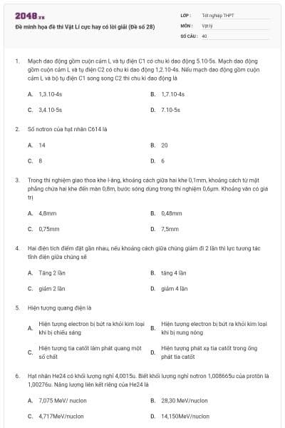 Đề minh họa đề thi Vật Lí cực hay có lời giải (Đề số 28)