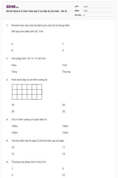Đề thi Giữa kì 2 môn Toán lớp 2 có đáp án (Cơ bản - Đề 4)
