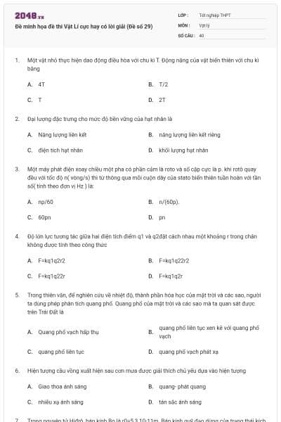 Đề minh họa đề thi Vật Lí cực hay có lời giải (Đề số 29)