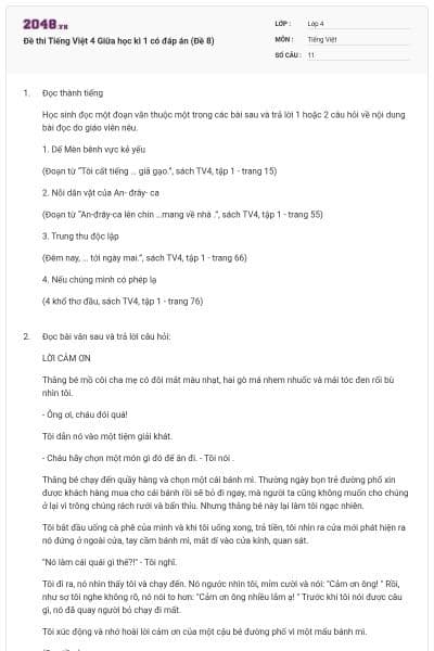 Đề thi Tiếng Việt 4 Giữa học kì 1 có đáp án (Đề 8)