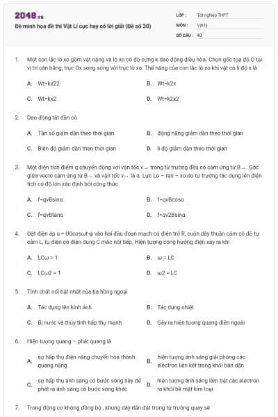 Đề minh họa đề thi Vật Lí cực hay có lời giải (Đề số 30)