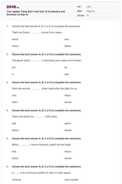Trắc nghiệm Tiếng Anh 9 mới Unit 10 Vocabulary and Grammar có đáp án