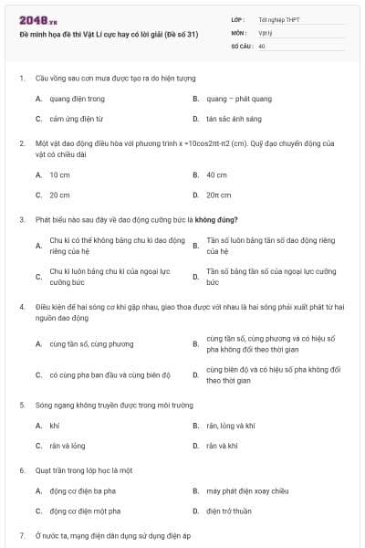 Đề minh họa đề thi Vật Lí cực hay có lời giải (Đề số 31)