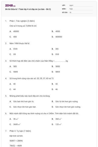 Đề thi Giữa kì 1 Toán lớp 4 có đáp án (cơ bản - Đề 3)