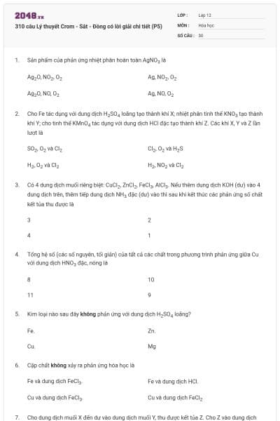 310 câu Lý thuyết Crom - Sắt - Đồng có lời giải chi tiết (P5)