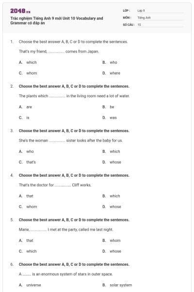 Trắc nghiệm Tiếng Anh 9 mới Unit 10 Vocabulary and Grammar có đáp án