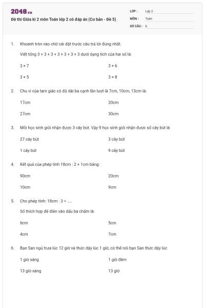 Đề thi Giữa kì 2 môn Toán lớp 2 có đáp án (Cơ bản - Đề 5)