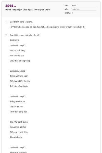 Đề thi Tiếng Việt 4 Giữa học kì 1 có đáp án (Đề 9)