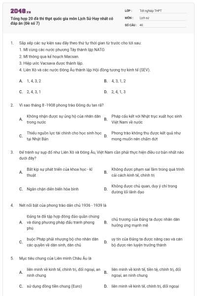 Tổng hợp 20 đề thi thpt quốc gia môn Lịch Sử Hay nhất có đáp án (Đề số 7)