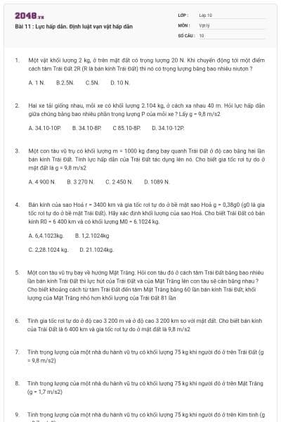 Bài 11 : Lực hấp dẫn. Định luật vạn vật hấp dẫn