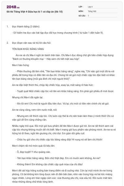 Đề thi Tiếng Việt 4 Giữa học kì 1 có đáp án (Đề 10)