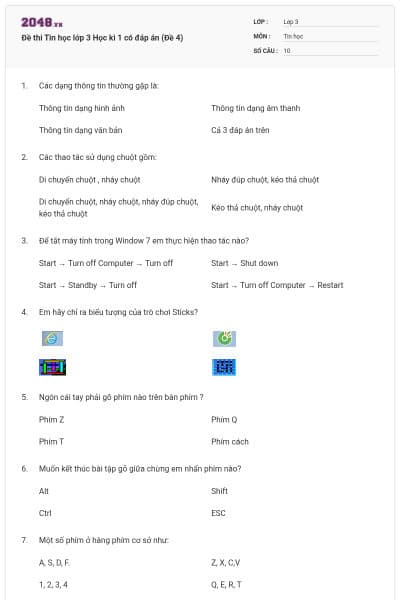 Đề thi Tin học lớp 3 Học kì 1 có đáp án (Đề 4)