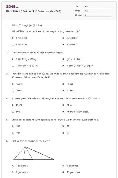 Đề thi Giữa kì 1 Toán lớp 4 có đáp án (cơ bản - Đề 5)
