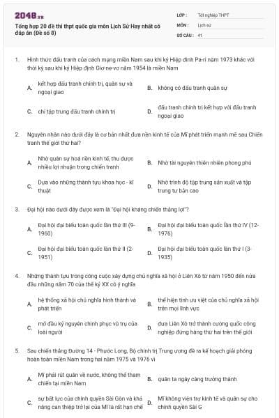Tổng hợp 20 đề thi thpt quốc gia môn Lịch Sử Hay nhất có đáp án (Đề số 8)