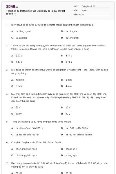 Tổng hợp đề thi thử môn Vật Lí cực hay có lời gải chi tiết (đề số 1)