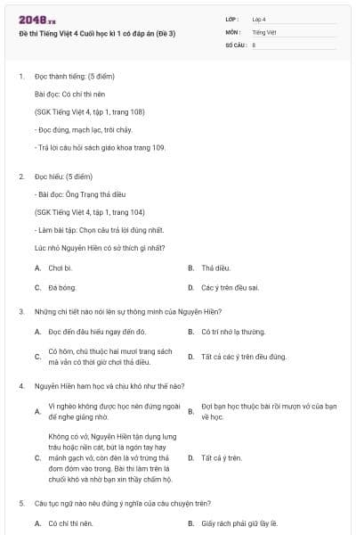 Đề thi Tiếng Việt 4 Cuối học kì 1 có đáp án (Đề 3)