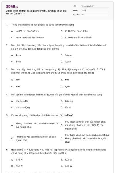 30 Đề luyện thi thpt quốc gia môn Vật Lí cực hay có lời giải chi tiết (Đề số 17)