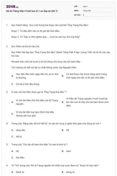 Đề thi Tiếng Việt 4 Cuối học kì 1 có đáp án (Đề 7)