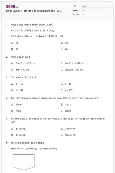 Đề thi Giữa kì 1 Toán lớp 3 có đáp án (nâng cao - Đề 1)
