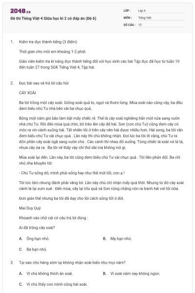Đề thi Tiếng Việt 4 Giữa học kì 2 có đáp án (Đề 6)