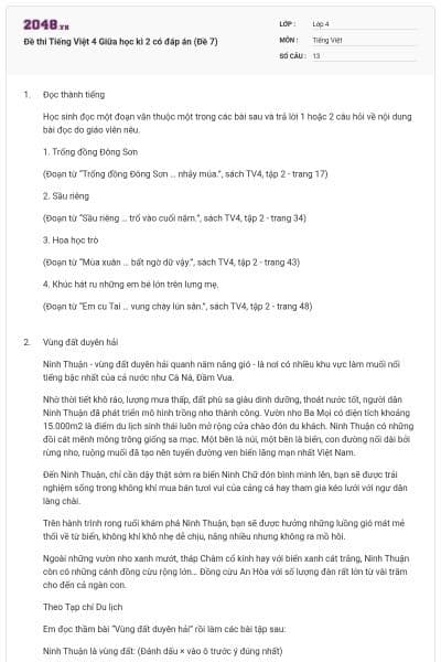 Đề thi Tiếng Việt 4 Giữa học kì 2 có đáp án (Đề 7)