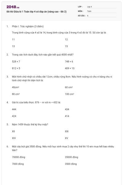 Đề thi Giữa kì 1 Toán lớp 4 có đáp án (nâng cao - Đề 2)