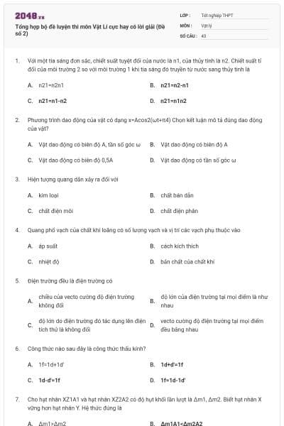 Tổng hợp bộ đề luyện thi môn Vật Lí cực hay có lời giải (Đề số 2)