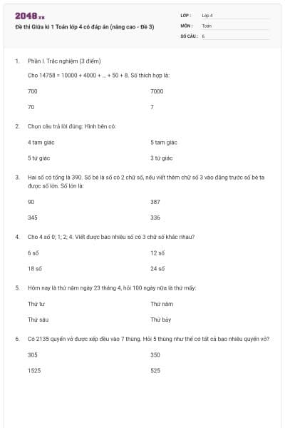 Đề thi Giữa kì 1 Toán lớp 4 có đáp án (nâng cao - Đề 3)