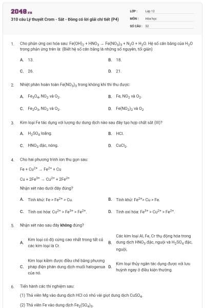 310 câu Lý thuyết Crom - Sắt - Đồng có lời giải chi tiết (P4)