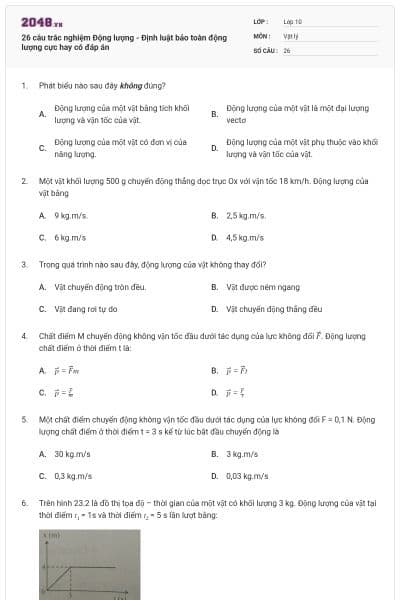 26 câu trắc nghiệm Động lượng - Định luật bảo toàn động lượng cực hay có đáp án
