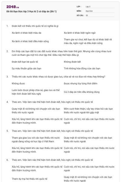 Đề thi Đạo Đức lớp 3 Học kì 2 có đáp án (Đề 1)