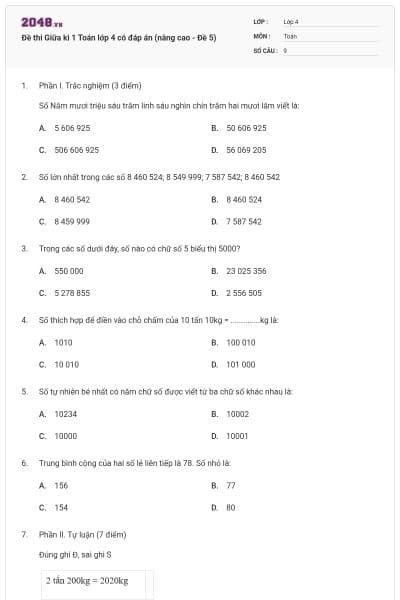 Đề thi Giữa kì 1 Toán lớp 4 có đáp án (nâng cao - Đề 5)