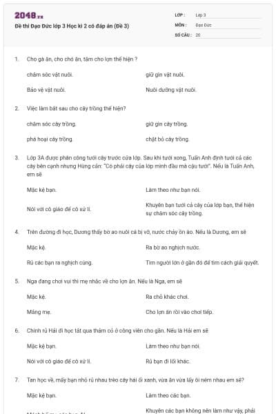 Đề thi Đạo Đức lớp 3 Học kì 2 có đáp án (Đề 3)