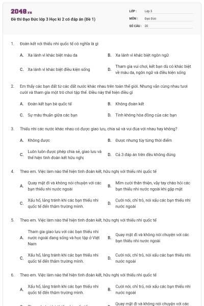 Đề thi Đạo Đức lớp 3 Học kì 2 có đáp án (Đề 1)