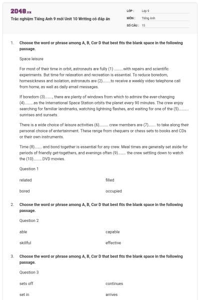 Trắc nghiệm Tiếng Anh 9 mới Unit 10 Writing có đáp án