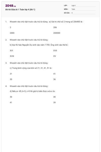 Đề thi Giữa kì 1 Toán lớp 4 (Đề 1)